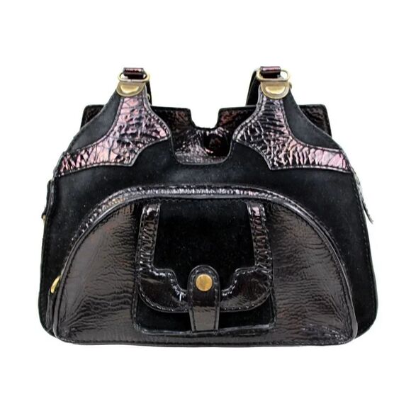 BICA CHEIA Handbags - BICA CHEIA BLACK CRINKLED GENUINE LEATHER SUEDE TOTE SHOULDER BAG HANDBAG PURSE
